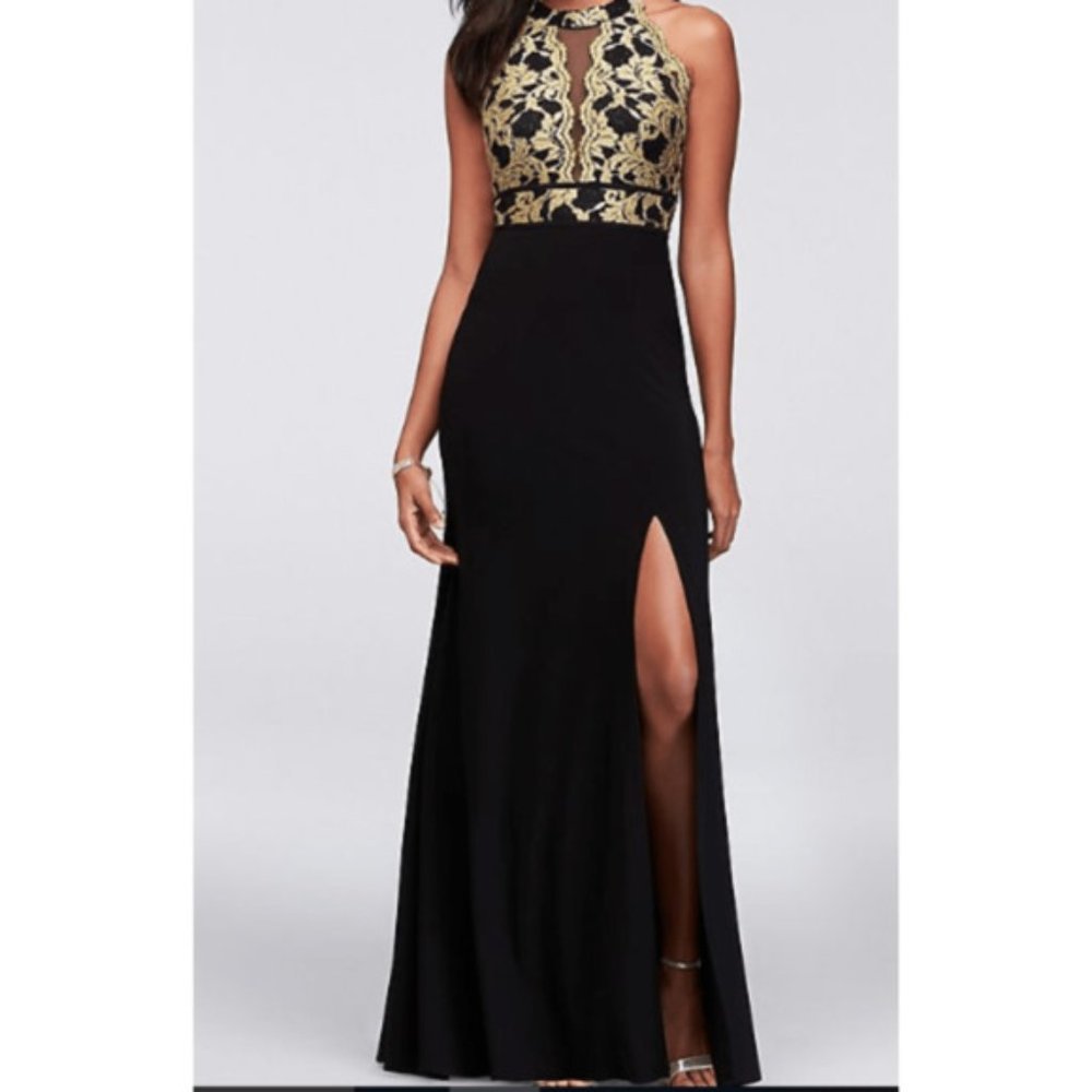 Glitter Lace and Jersey High-Neck A-Line Gown